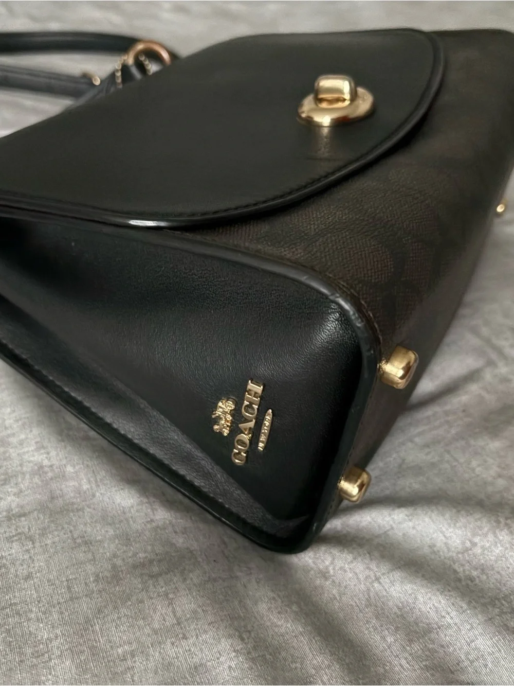 Coach Black Leather & Brown Signature Turnlock Satchel
